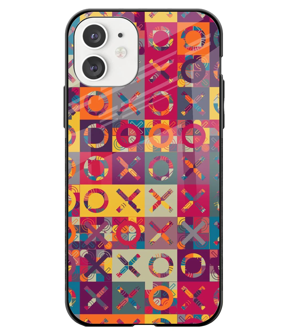 A front-on view of a glass phone case with a colorful design.