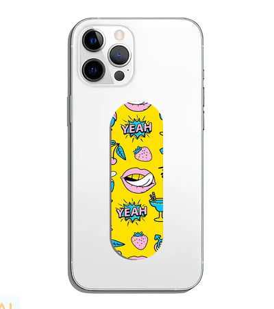 A phone grip slider applied to the back of a smartphone.
