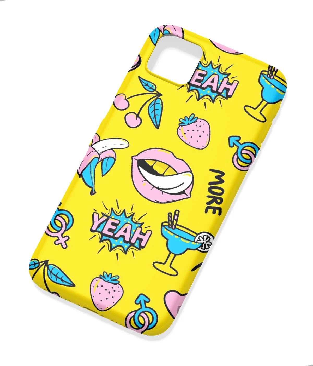 An angled view of a soft silicone case featuring a colorful design.