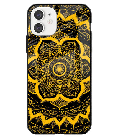 A front-on view of a glass phone case with a colorful design.