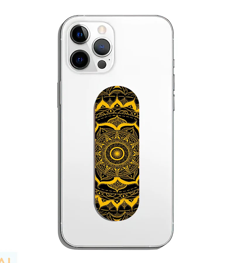 A phone grip slider applied to the back of a smartphone.
