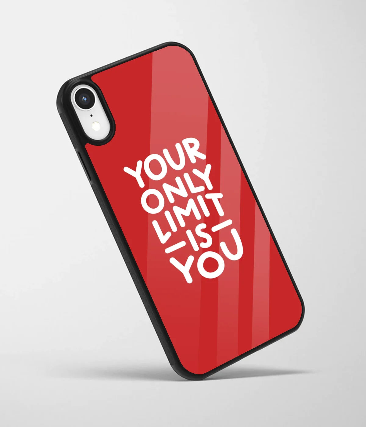 An angled view of a glass phone case featuring a vibrant design.