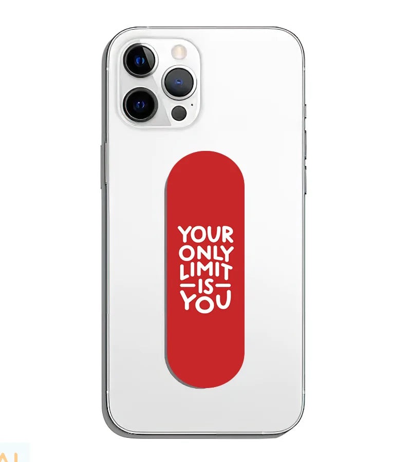 A phone grip slider applied to the back of a smartphone.