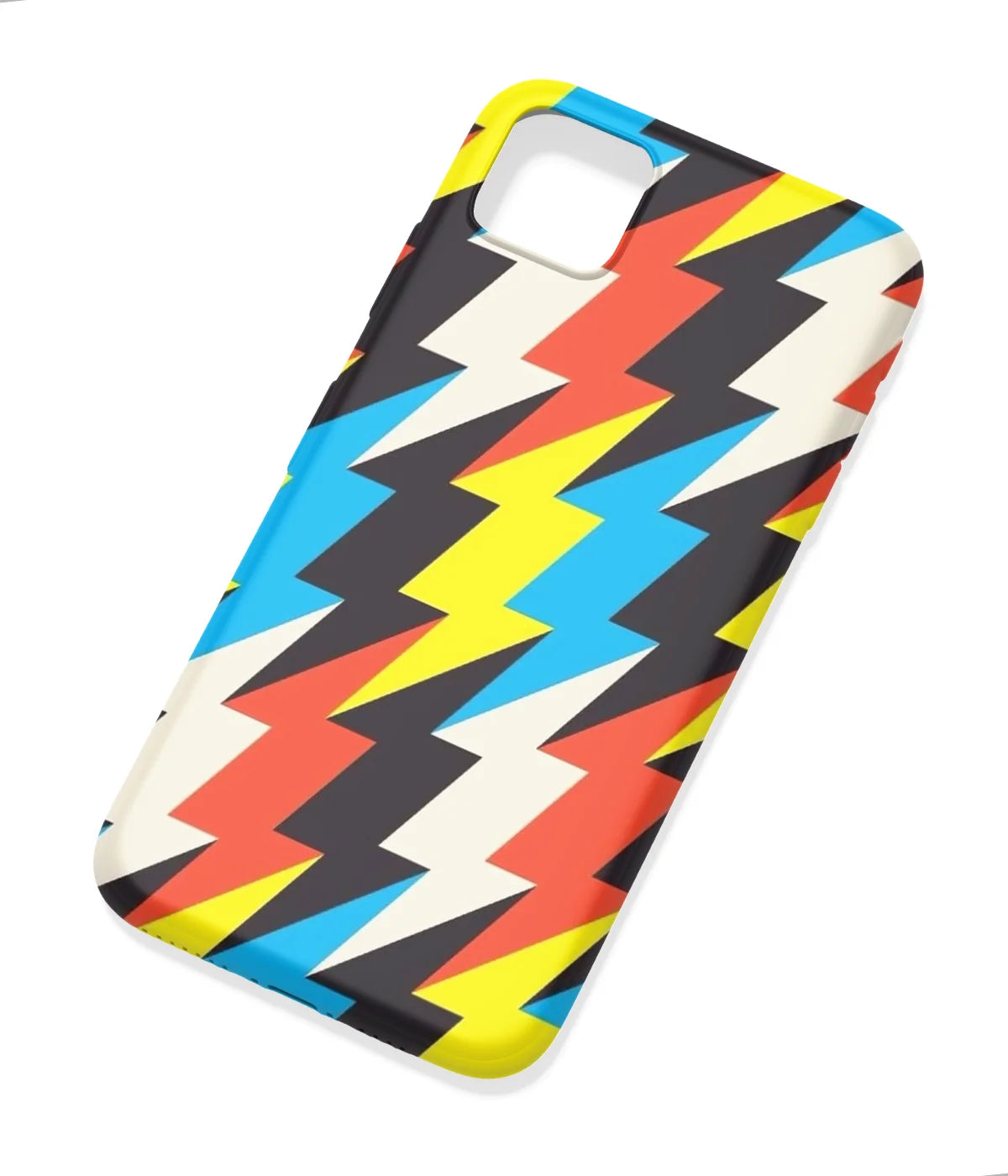 An angled view of a soft silicone case featuring a colorful design.