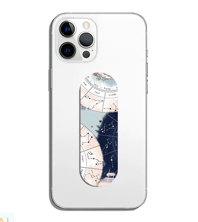 A phone grip slider applied to the back of a smartphone.