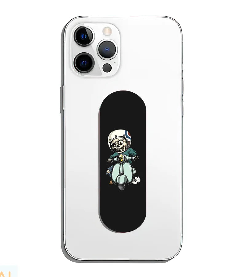 A phone grip slider applied to the back of a smartphone.
